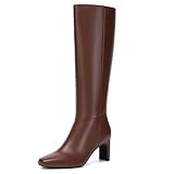 Athlefit Brown Knee High Boots for Women Square Toe...