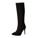 Black Women Winter Knee High Boots Pointed Toe Back...