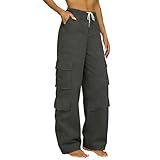 Dark Gray Baggy Cargo Pants for Women Elastic Waisted...