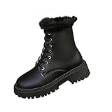 Black Women's Lace Up Ankle Boots British Style Fleece...