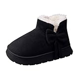 Black Women's Versatile Warm Boots Thick-Soled Cute Bow...