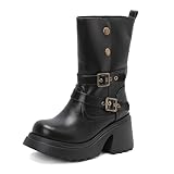 Seborluys Black Mid Calf Buckle Riding Boots for Women...