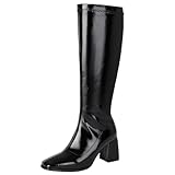 DINTAHA Black Square Toe Knee High Chunky Heeled Boots...