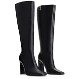 DREAMCIA Black Boots Knee High Square Toe Black Leather...