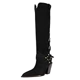 FOWT Women Knee High Western Boots Pointed Toe Vintage...