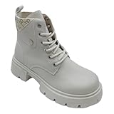 Women's beige Lace-Up Combat Boots, Chunky Lug Sole,...