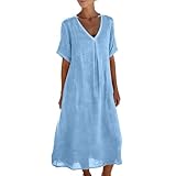 Cotton Linen Midi Dress for Women Casual Short Sleeve V...