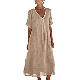 Cotton Linen Midi Dress for Women Casual Short Sleeve V...