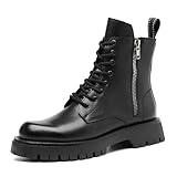 Men's Black Leather Platform Lace-up Combat Boots with...