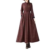 Women Fleece Cotton Linen Floral Midi Dress Long Sleeve...
