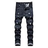 Men's Black Jeans Ripped Slim-fit Straight Leg Denim...