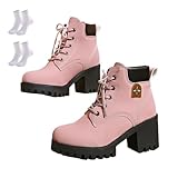 Women’s Chunky Heel Platform Combat Boots Lace Up...