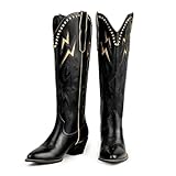 KISSASA Black Cowboy Boots for Women Knee High Cowgirl...