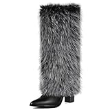 QLR 3.3-inch Chunky Knee High Fur Heel Boots Furry...
