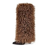 XBKXMK Chocolate Fur Knee High Boots for Women Pointed...