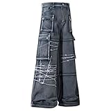 Mens Y2k Vintage Baggy Cargo Jeans Wide Leg Multi...