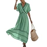 Women's Striped Maxi Dress Boho Wrap V Neck Short...
