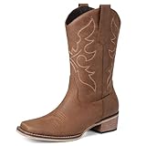 Bybmorto Brown Cowboy Boots for Women Square Toe - Mid...