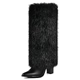 QLR 3.3-inch Chunky Knee High Fur Heel Boots Furry...