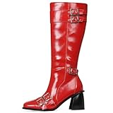 Yremael Women Red Knee High Boots Wide Calf Chunky Heel...