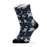 Space Astronaut Spaceship Blue Pattern Crew Socks for...