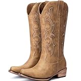 Choiran Tan Cowboy Boots for Women - Embroidered...