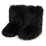 QMFUR Women's Furry Faux Fur Boots Fuzzy Fluffy Mid...