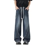 Mens Drawstring Wide Leg Baggy Jeans Casual Vintage Hip...
