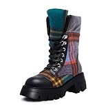 RKQ Black Plaid platform combat boots for women Low...