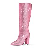 driceic Pink Pointed Toe Sparkly Rhinestone Knee High...