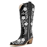 Women’s Wide Calf Black Embroidered Cowgirl Boots –...