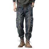 Mens Heavyweight Cargo Jeans Vintage Straight Leg...
