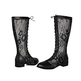 Knee High Lace Up Mesh Boots Embroidered Flowers Lace...