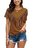 PESION Women's Caramel Fringe Trim Shirts Short Sleeve...