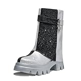 RKQ Women's Black Silver Rhinestone Combat Boot Fold...
