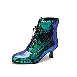 LerGlre Women's Shiny Sequin Kitten Low Heel Lace-Up...
