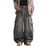 Men Heavyweight Baggy Cargo Jeans Vintage Washed Loose...