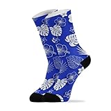 Tropical Flowers Leaves Blue Pattern Crew Socks for...