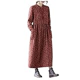 Women Vintage Floral Midi Dress Round Neck Drawstring...