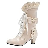 Beige Victorian Boots for Women 70s,Chunky Heels...