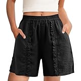 Womens Cotton Linen Wide Leg Shorts Solid Ruffle...