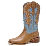 AlureAbys Women's Western Boots Denim Patchwork Cowboy...