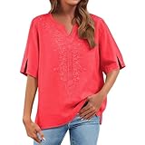 Embroidered Tops for Women Casual Short Sleeve Linen...
