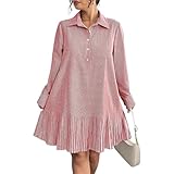 Women Plus Size Striped Mini Dress Lapel Ruffle Long...