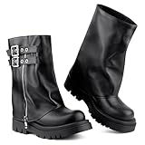 AlureAbys Women's Mid Calf Boots Fold Over Buckle Moto...