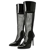 DINTAHA Black Mesh Knee High Pointed Toe Boots Pointy...