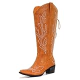 Orange Women Wide Calf Western Cowboy Boots Adjustable...