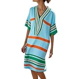 Rianclud Womens Striped Dress Casual Short Sleeve V...