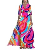 Women Floral Hollow V Neck Maxi Dress Long Sleeve...