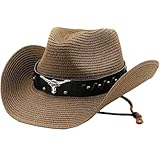 Bull Head PU Belt Straw Hat for Women Men Breathable...